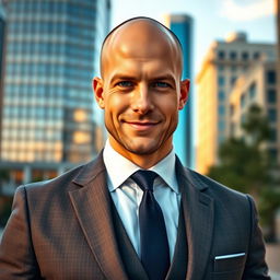 A bald man with a confident expression, wearing a stylish tailored suit, standing in an urban setting with modern skyscrapers in the background
