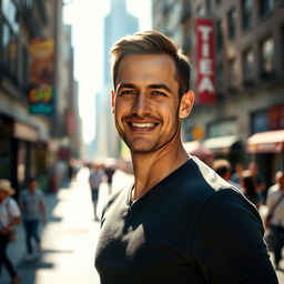 A portrait of a man standing confidently, height 163 cm, with a charismatic smile