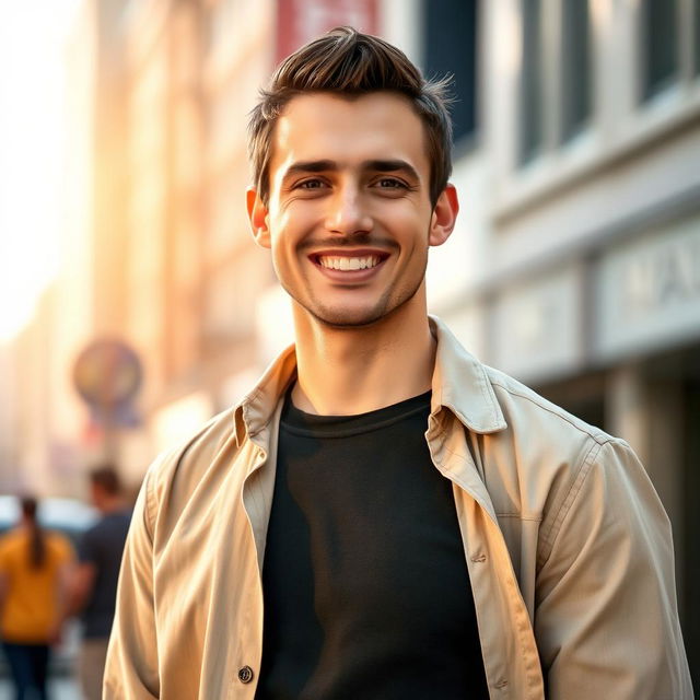 A portrait of a man standing confidently, height 163 cm, with a charismatic smile