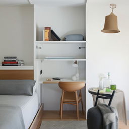 A compact, well-organized single man's room featuring a comfortable bed, a functional shelf, a sturdy table, and a cozy floor mat.