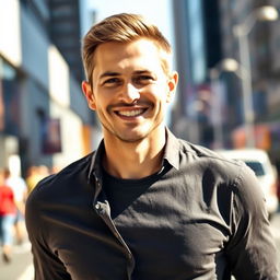 A portrait of a man standing confidently, height 163 cm, with a charismatic smile