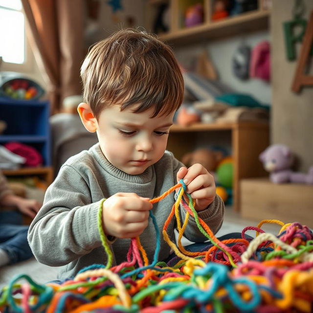 A young boy engrossed in playing with colorful yarn, surrounded by a cozy room with soft light filtering through a window