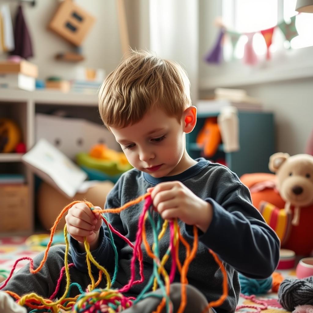 A young boy engrossed in playing with colorful yarn, surrounded by a cozy room with soft light filtering through a window