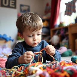 A young boy engrossed in playing with colorful yarn, surrounded by a cozy room with soft light filtering through a window