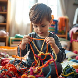 A young boy engrossed in playing with colorful yarn, surrounded by a cozy room with soft light filtering through a window