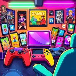 A vibrant and engaging illustration featuring a variety of popular games and apps