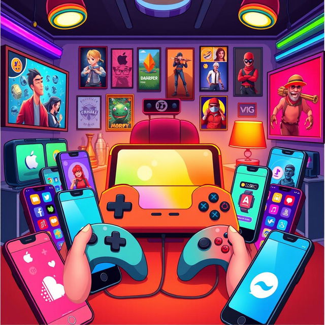 A vibrant and engaging illustration featuring a variety of popular games and apps