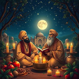 A beautiful scene depicting the famous Persian poets Hafez and Saadi sitting together under a starry sky during Yalda Night
