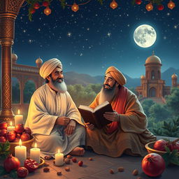 A beautiful scene depicting the famous Persian poets Hafez and Saadi sitting together under a starry sky during Yalda Night