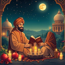 A beautiful scene depicting the famous Persian poets Hafez and Saadi sitting together under a starry sky during Yalda Night
