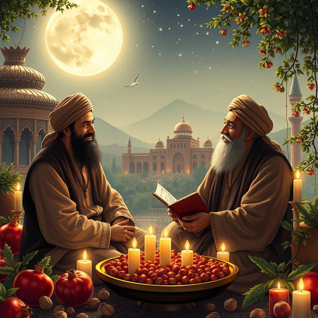 A beautiful scene depicting the famous Persian poets Hafez and Saadi sitting together under a starry sky during Yalda Night