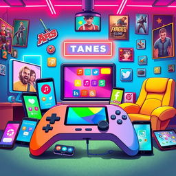 A vibrant and engaging illustration featuring a variety of popular games and apps