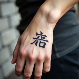 A close-up of a person's hand featuring an intricately designed tattoo of the Chinese character "罪" (meaning sin or guilt)