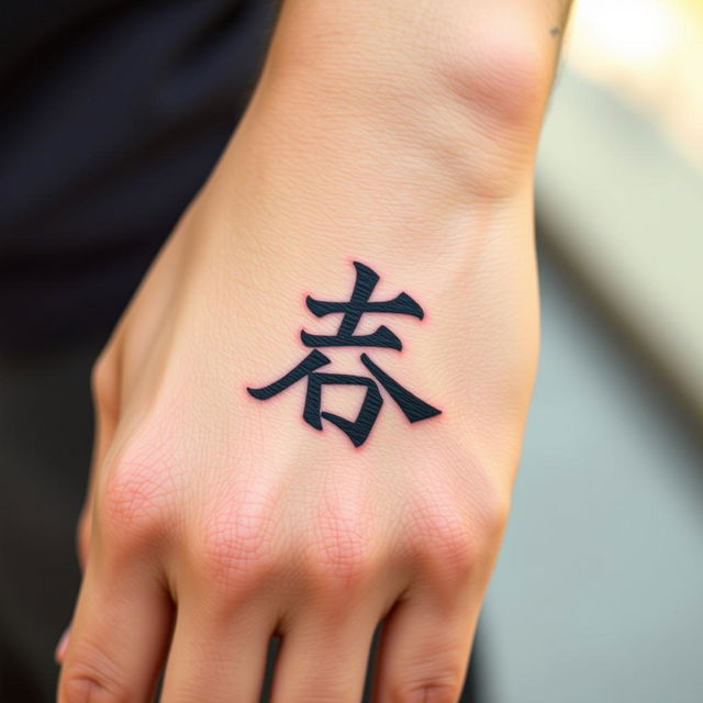 A close-up of a person's hand featuring an intricately designed tattoo of the Chinese character "罪" (meaning sin or guilt)