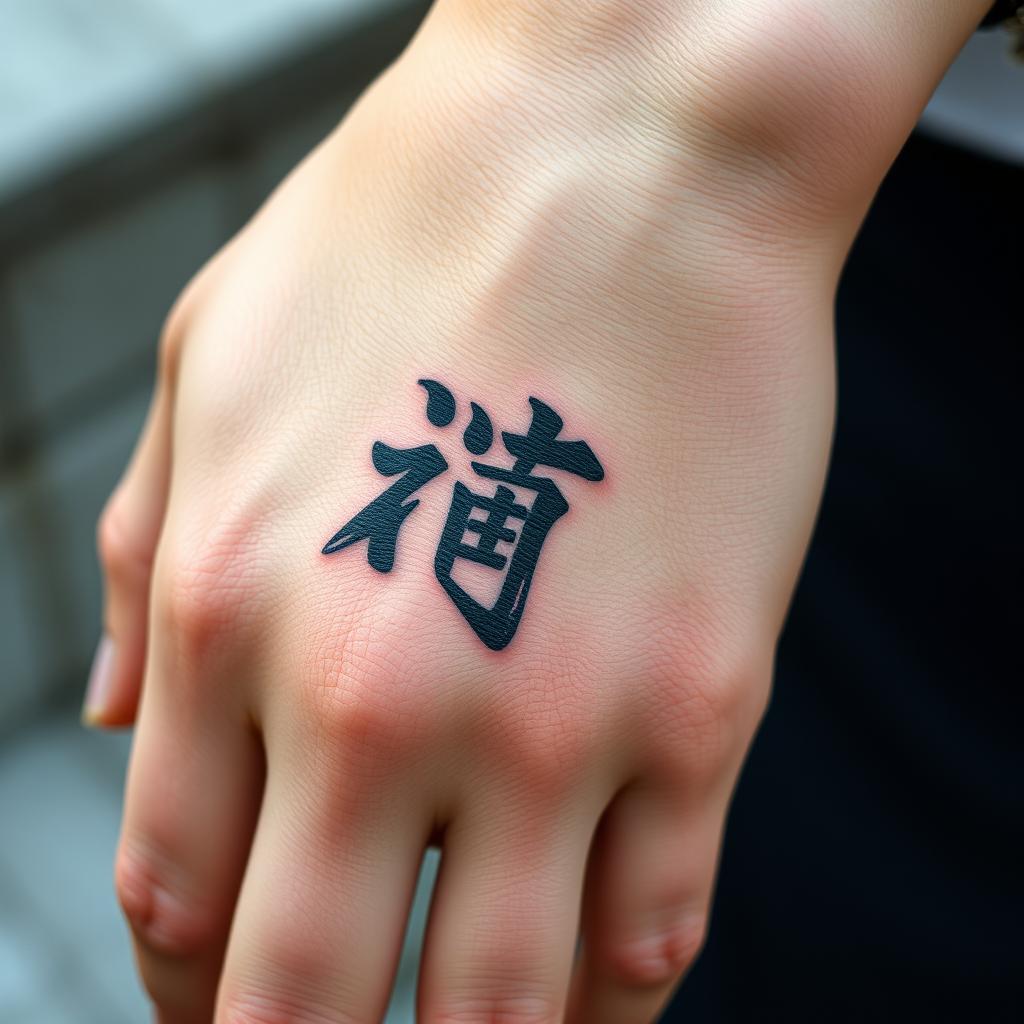 A close-up of a person's hand featuring an intricately designed tattoo of the Chinese character "罪" (meaning sin or guilt)