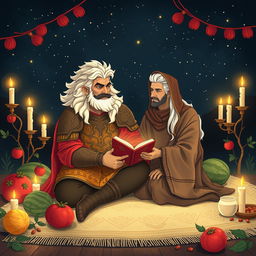 A beautiful illustration of Rostam and Zal from Persian mythology sitting together on a cozy night during Yalda night