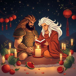 A beautiful illustration of Rostam and Zal from Persian mythology sitting together on a cozy night during Yalda night