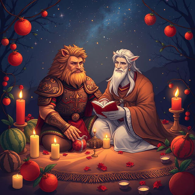 A beautiful illustration of Rostam and Zal from Persian mythology sitting together on a cozy night during Yalda night