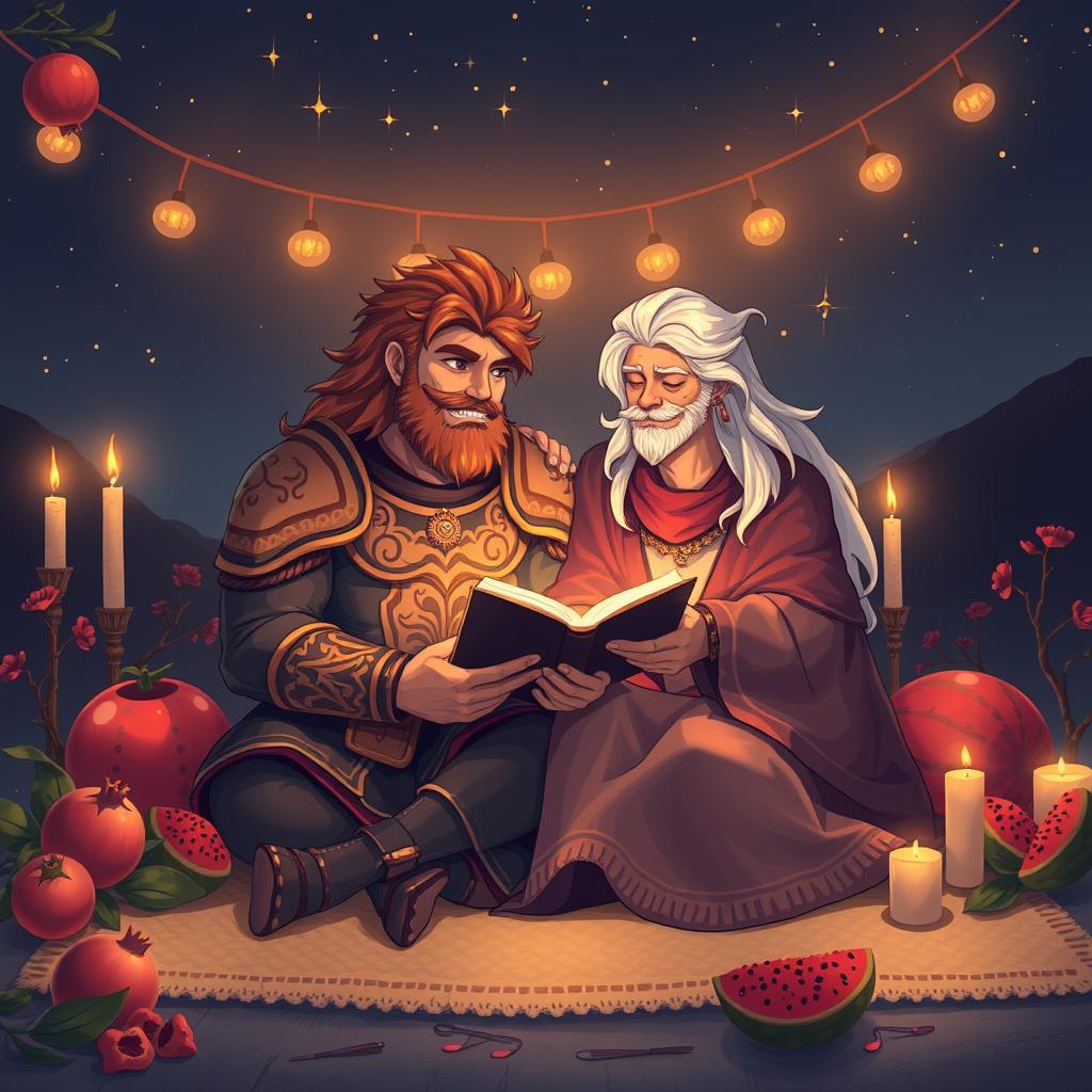 A beautiful illustration of Rostam and Zal from Persian mythology sitting together on a cozy night during Yalda night