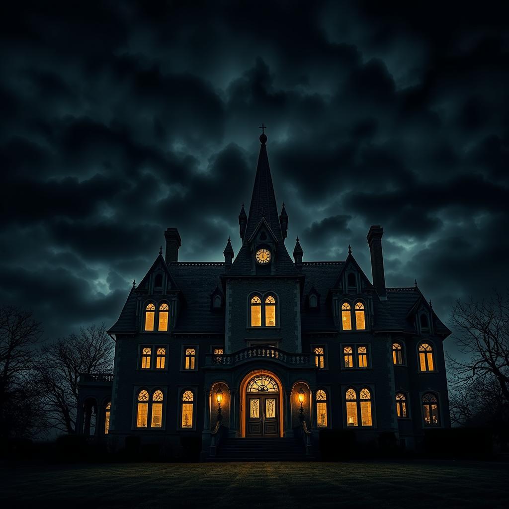 An eerie haunted mansion set outside against a dark, ominous sky filled with dense, swirling black clouds