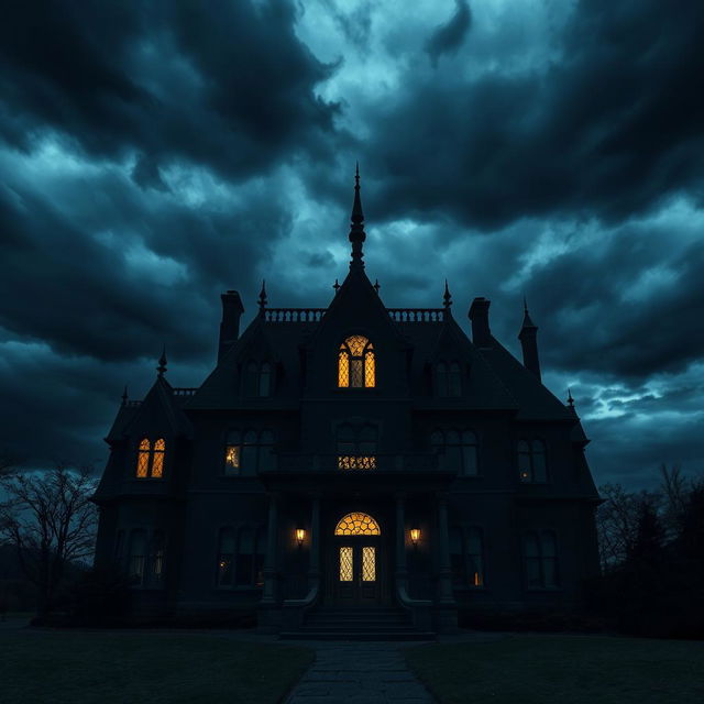 An eerie haunted mansion set outside against a dark, ominous sky filled with dense, swirling black clouds