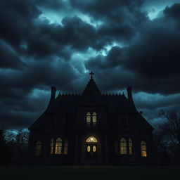 An eerie haunted mansion set outside against a dark, ominous sky filled with dense, swirling black clouds