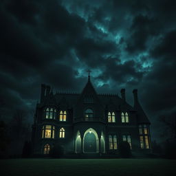 An eerie haunted mansion set outside against a dark, ominous sky filled with dense, swirling black clouds