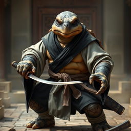 A serious adult tortle warrior in a battle monk stance, wearing elegant light and dark robes that blend seamlessly with his tough shell