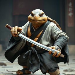 A serious adult tortle warrior in a battle monk stance, wearing elegant light and dark robes that blend seamlessly with his tough shell