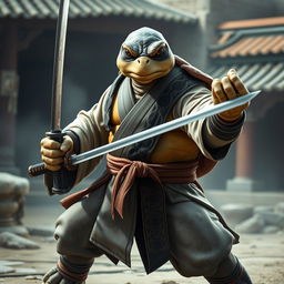 A serious adult tortle warrior in a battle monk stance, wearing elegant light and dark robes that blend seamlessly with his tough shell