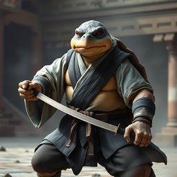 A serious adult tortle warrior in a battle monk stance, wearing elegant light and dark robes that blend seamlessly with his tough shell