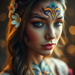 A close-up portrait of a woman with a serene expression, featuring intricate and beautiful face paint that incorporates vibrant colors and patterns