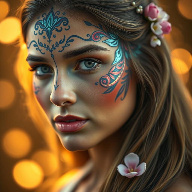 A close-up portrait of a woman with a serene expression, featuring intricate and beautiful face paint that incorporates vibrant colors and patterns