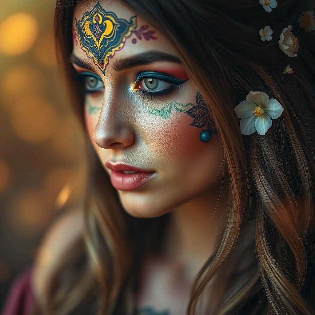 A close-up portrait of a woman with a serene expression, featuring intricate and beautiful face paint that incorporates vibrant colors and patterns