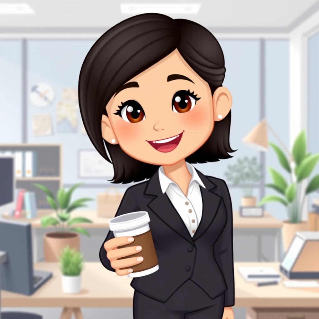 A Bitmoji-style character representing an office lady, dressed in professional office attire