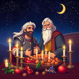 A vibrant illustration of Rostam and Zal from Persian mythology, depicted together under a starry night sky during Yalda Night