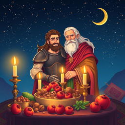 A vibrant illustration of Rostam and Zal from Persian mythology, depicted together under a starry night sky during Yalda Night