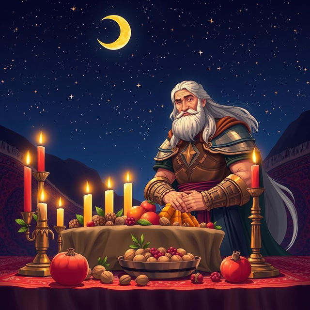 A vibrant illustration of Rostam and Zal from Persian mythology, depicted together under a starry night sky during Yalda Night