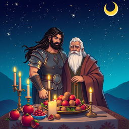 A vibrant illustration of Rostam and Zal from Persian mythology, depicted together under a starry night sky during Yalda Night