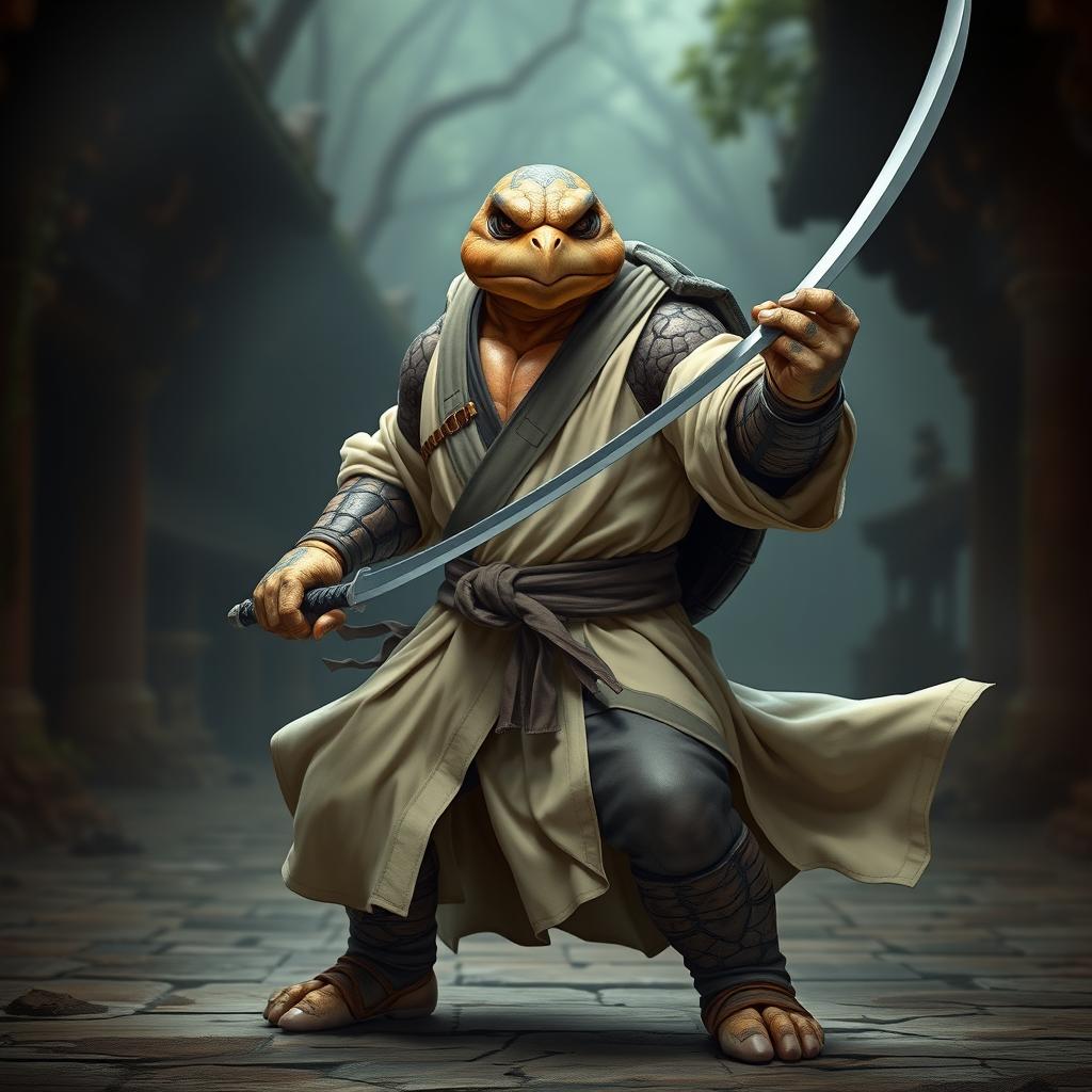 A formidable adult tortle battle monk, standing in a dynamic battle stance with a serious expression