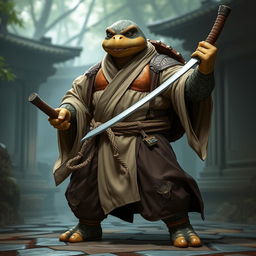 A formidable adult tortle battle monk, standing in a dynamic battle stance with a serious expression