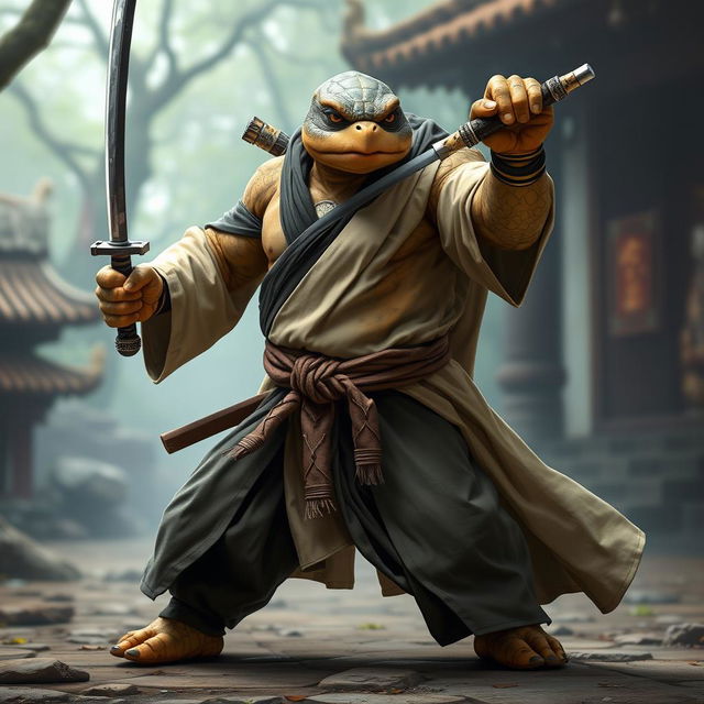 A formidable adult tortle battle monk, standing in a dynamic battle stance with a serious expression