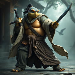 A formidable adult tortle battle monk, standing in a dynamic battle stance with a serious expression