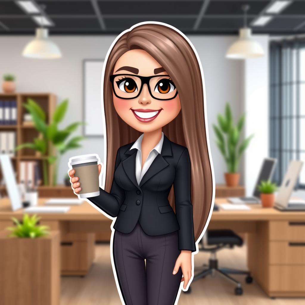 A Bitmoji-style character of an office lady with long, straight hair gracefully flowing down her back