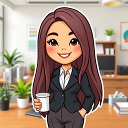 A Bitmoji-style character of an office lady with long, straight hair gracefully flowing down her back