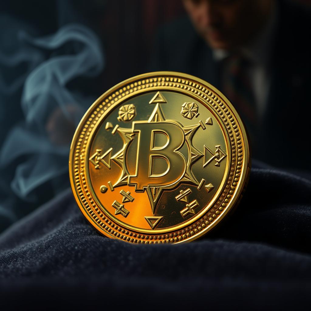 A highly detailed close-up of a golden coin designed for scamming, featuring intricate engravings and symbols that suggest deceit and trickery