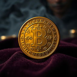 A highly detailed close-up of a golden coin designed for scamming, featuring intricate engravings and symbols that suggest deceit and trickery