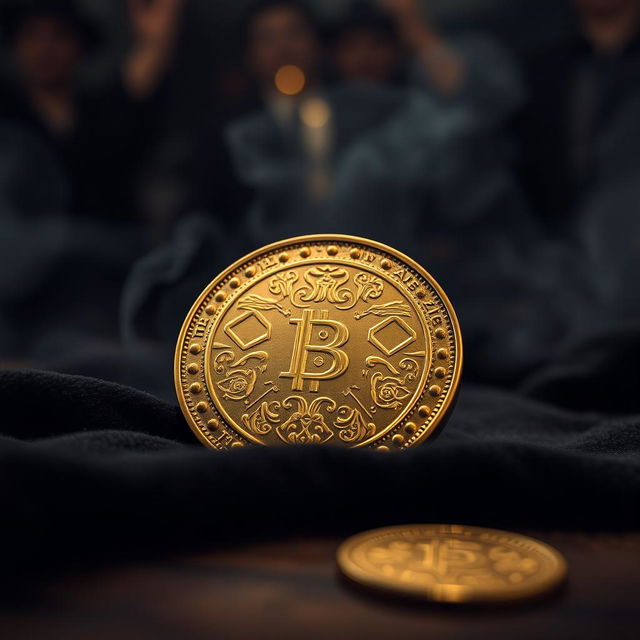 A highly detailed close-up of a golden coin designed for scamming, featuring intricate engravings and symbols that suggest deceit and trickery