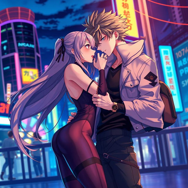 A modern anime scene featuring alluring characters in a romantic setting