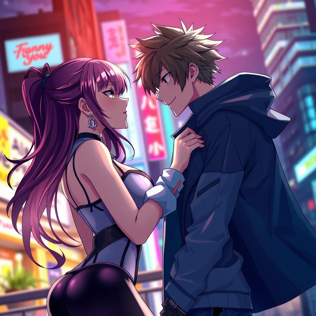 A modern anime scene featuring alluring characters in a romantic setting